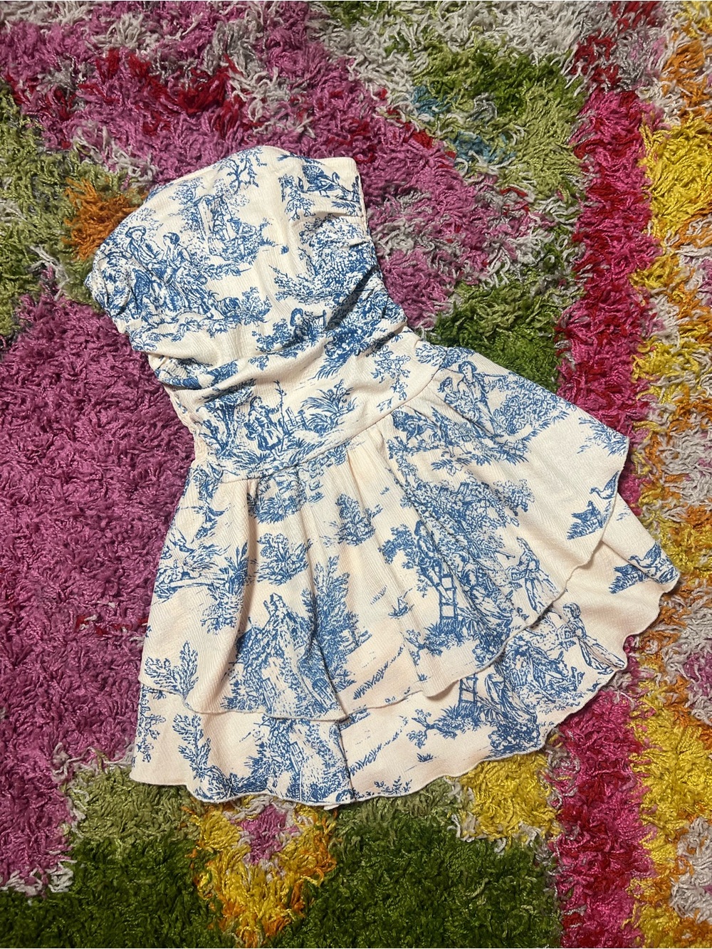 Cider Blue and Cream Strapless Toile Mini Dress